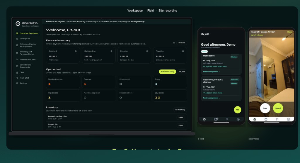 GoVerge workspace on desktop, Field jobs on mobile, and site recording