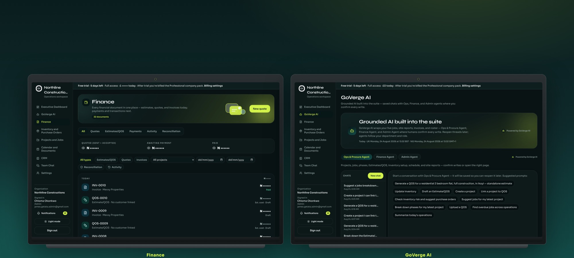 GoVerge Finance and GoVerge AI Agents in the same workspace