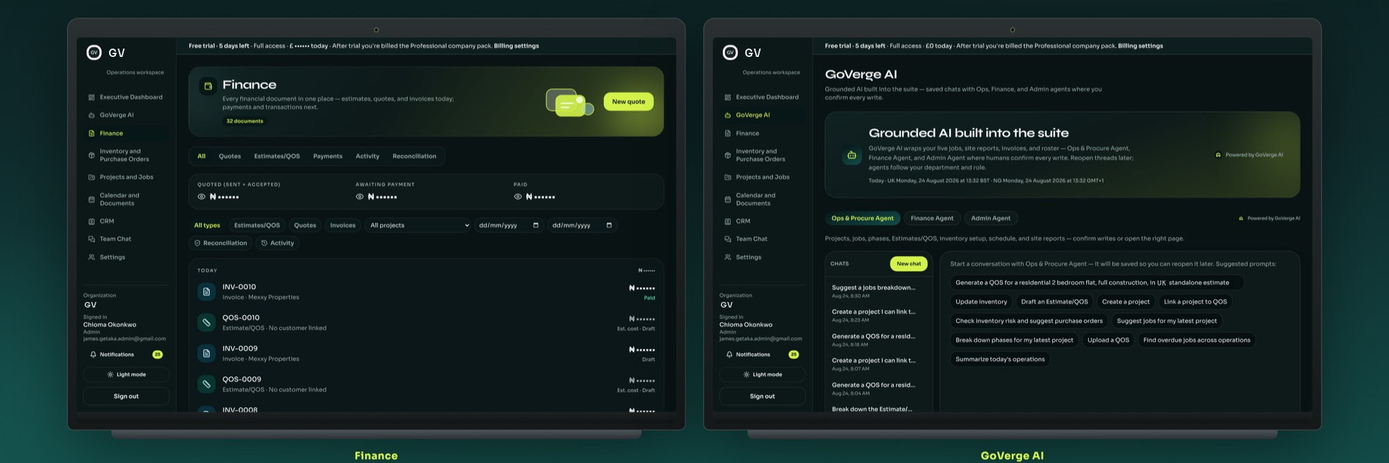 GoVerge Finance and GoVerge AI Agents in the same workspace