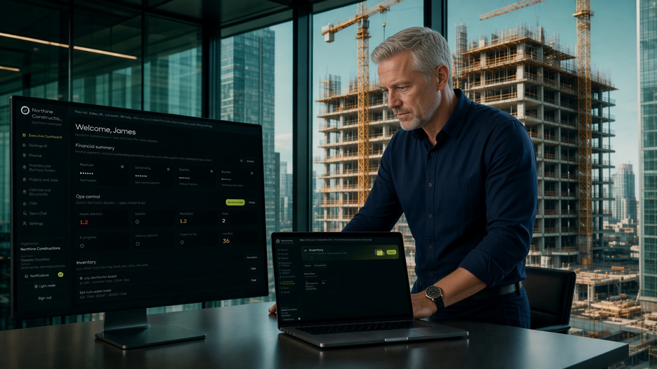 A project engineer in the office, with GoVerge property units, project delivery, inventory, and reports on screen and a construction skyline behind