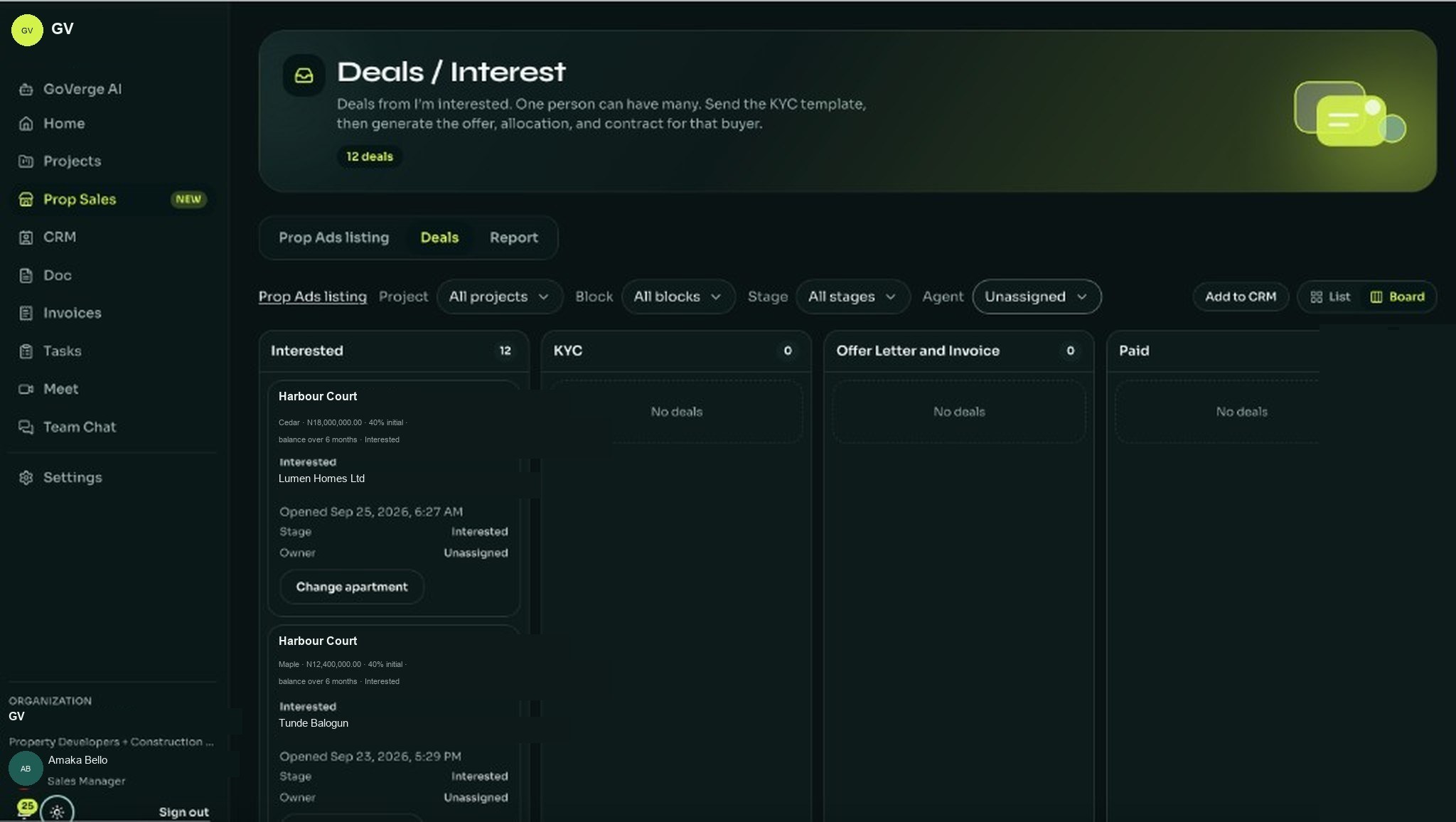 GoVerge Property Sales deals board with unit interest, KYC, offer, and allocation