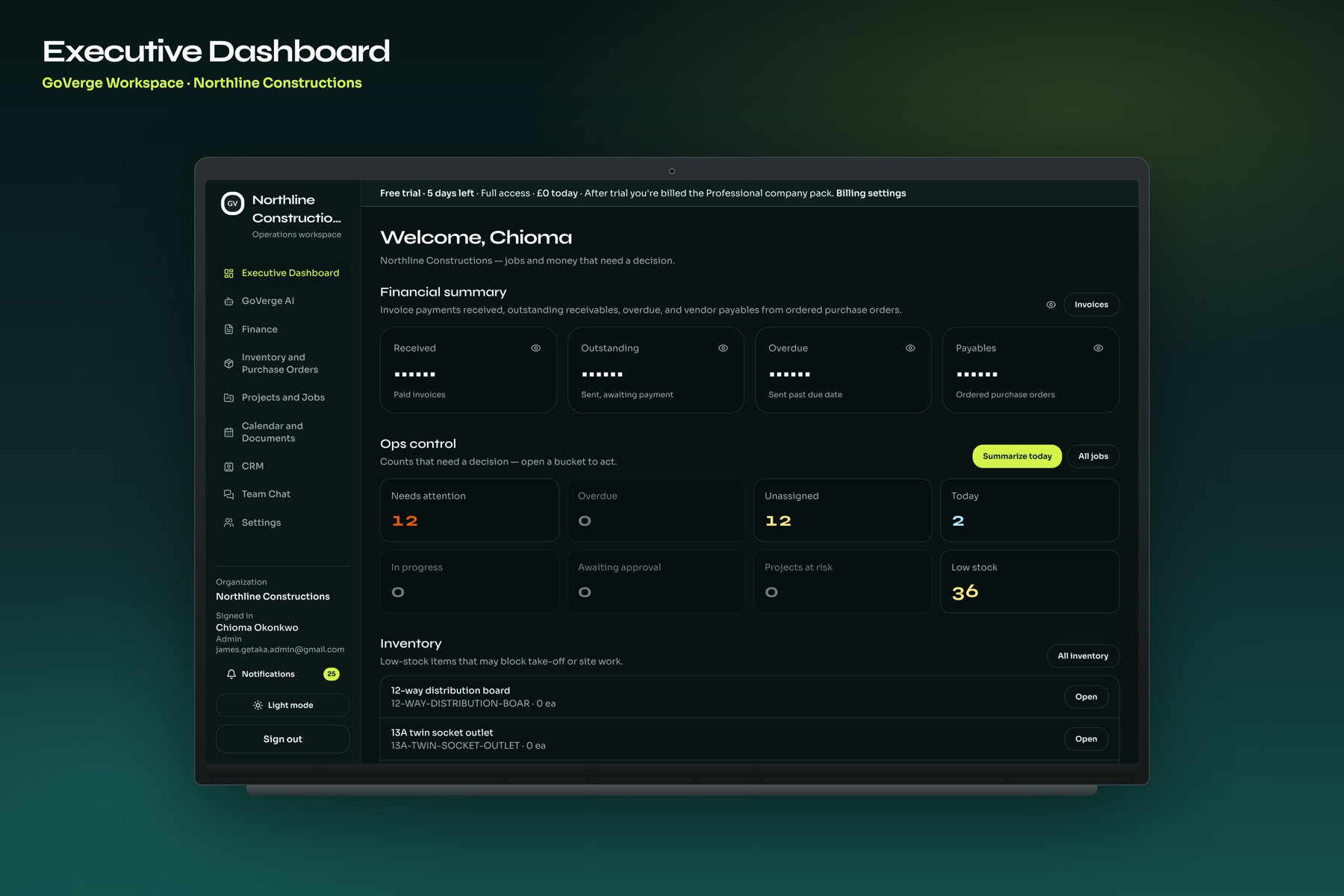 GoVerge Workspace executive dashboard