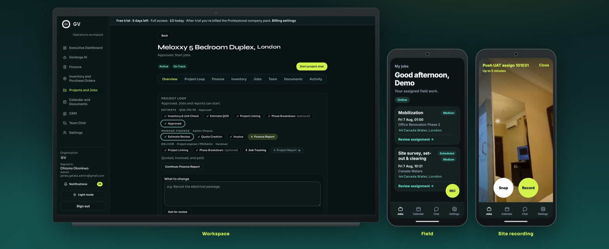 GoVerge Project Delivery workspace on desktop with inventory, the Field app, and site recording