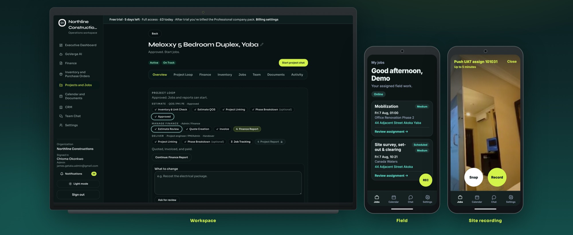 GoVerge Workspace on desktop with the Field app and site recording on mobile